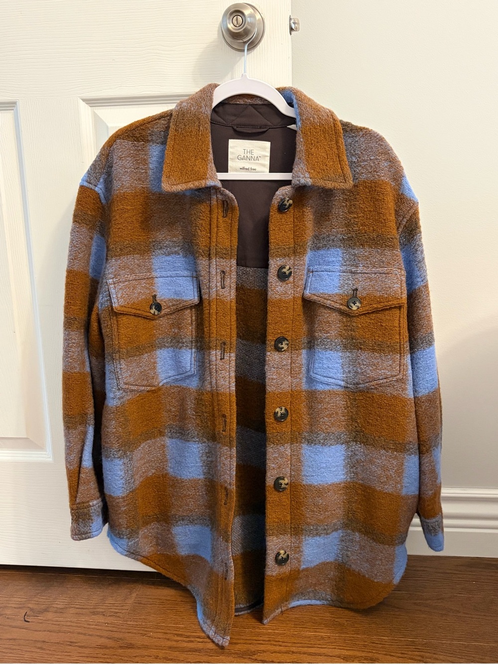 Aritzia Plaid Shacket in Brown and Light Blue